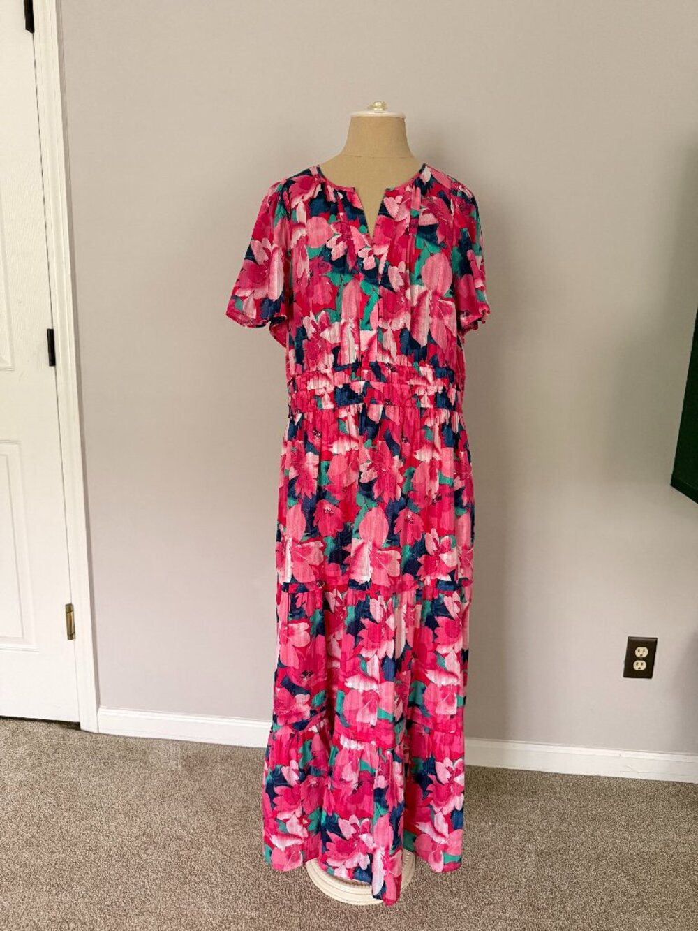 Draper James Hollie Midi Dress Shadow Stripe Watercolor Floral 1X $168